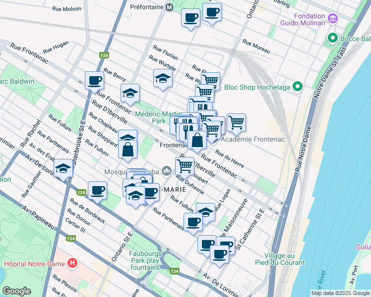 map of restaurants, bars, coffee shops, grocery stores, and more near Rue Ontario Ouest in Montréal
