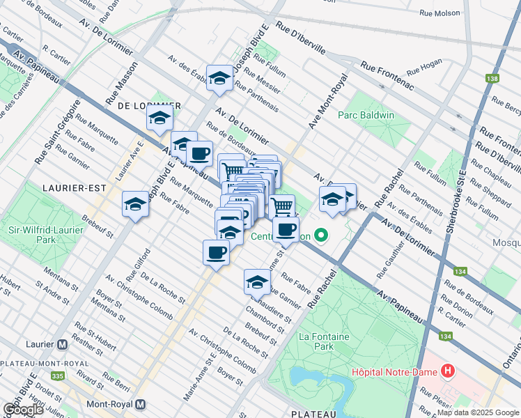 map of restaurants, bars, coffee shops, grocery stores, and more near 4495 Avenue Papineau in Montréal