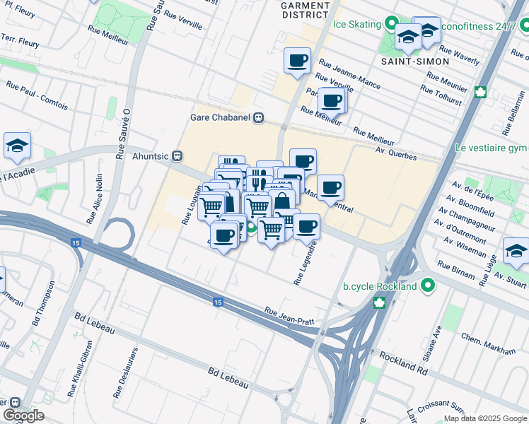 map of restaurants, bars, coffee shops, grocery stores, and more near 9292 Boulevard de l'Acadie in Montréal