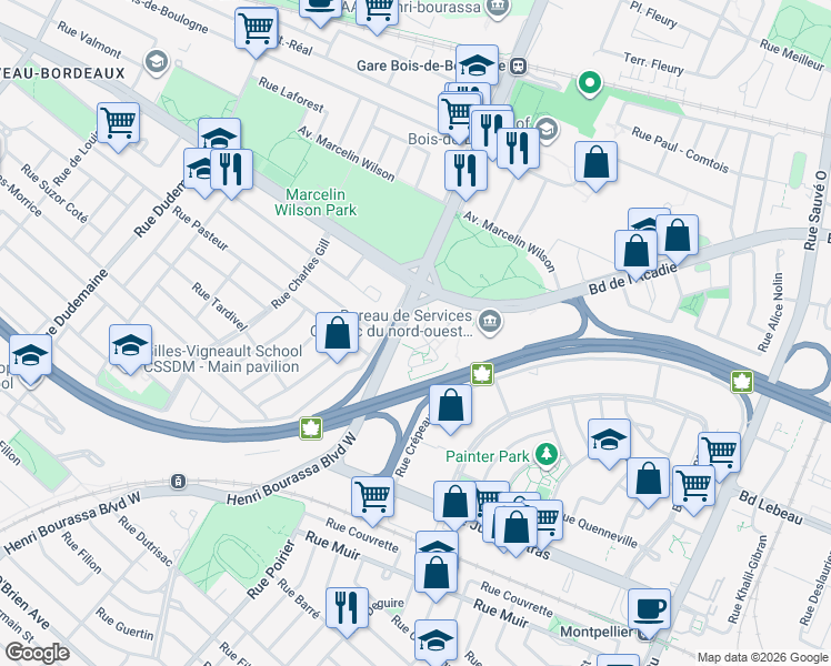 map of restaurants, bars, coffee shops, grocery stores, and more near 10150 Place de l'Acadie in Montréal