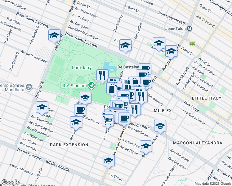 map of restaurants, bars, coffee shops, grocery stores, and more near 250 Rue Gary-Carter in Montréal