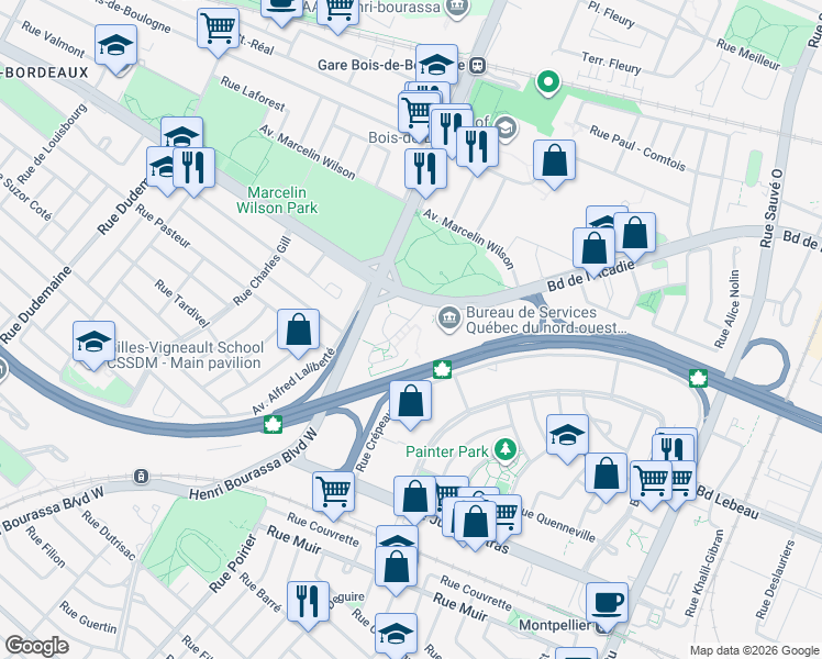 map of restaurants, bars, coffee shops, grocery stores, and more near in Montreal