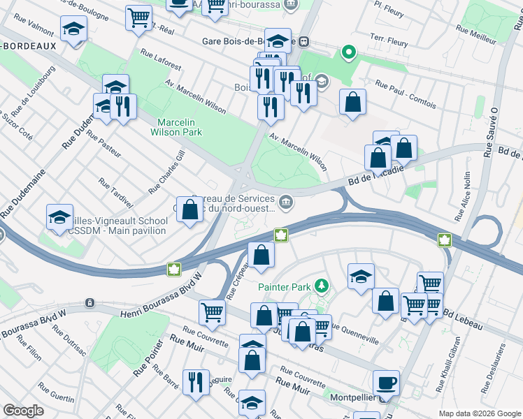 map of restaurants, bars, coffee shops, grocery stores, and more near 10590 Place de l'Acadie in Montréal
