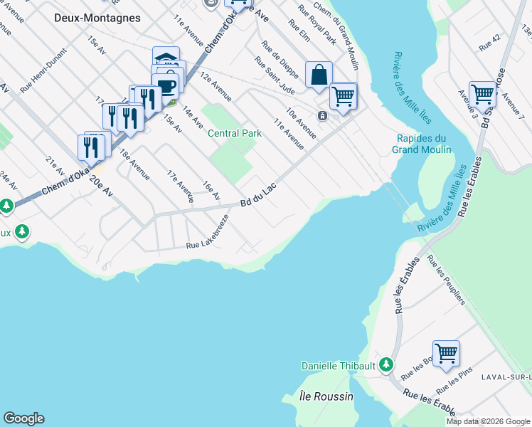 map of restaurants, bars, coffee shops, grocery stores, and more near 13 15e Avenue in Deux-Montagnes