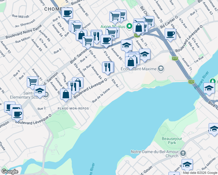 map of restaurants, bars, coffee shops, grocery stores, and more near 3935 Rue de la Seine in Laval