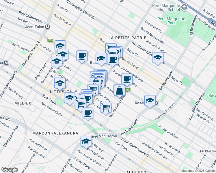 map of restaurants, bars, coffee shops, grocery stores, and more near 6369 Rue Drolet in Montréal
