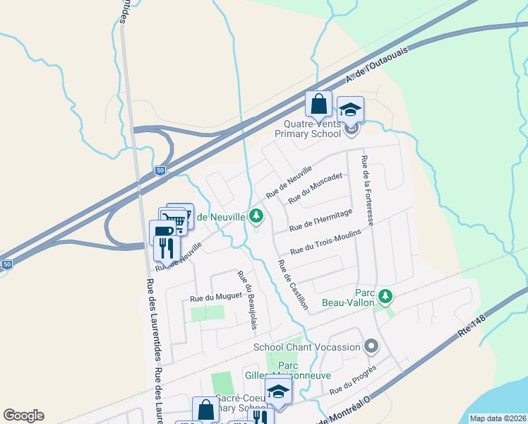 map of restaurants, bars, coffee shops, grocery stores, and more near 459 Rue de Castillon in Gatineau