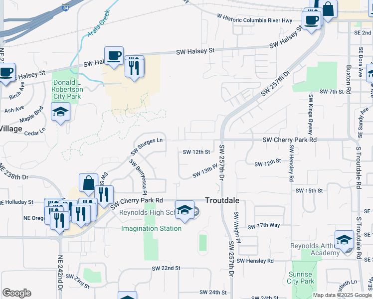 map of restaurants, bars, coffee shops, grocery stores, and more near 1520 Southwest 12th Street in Troutdale