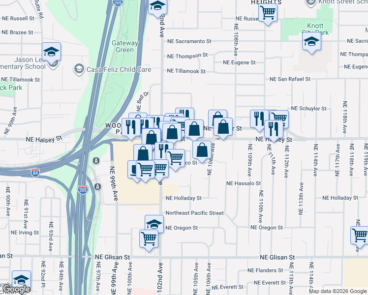map of restaurants, bars, coffee shops, grocery stores, and more near 10355 Northeast Clackamas Street in Portland