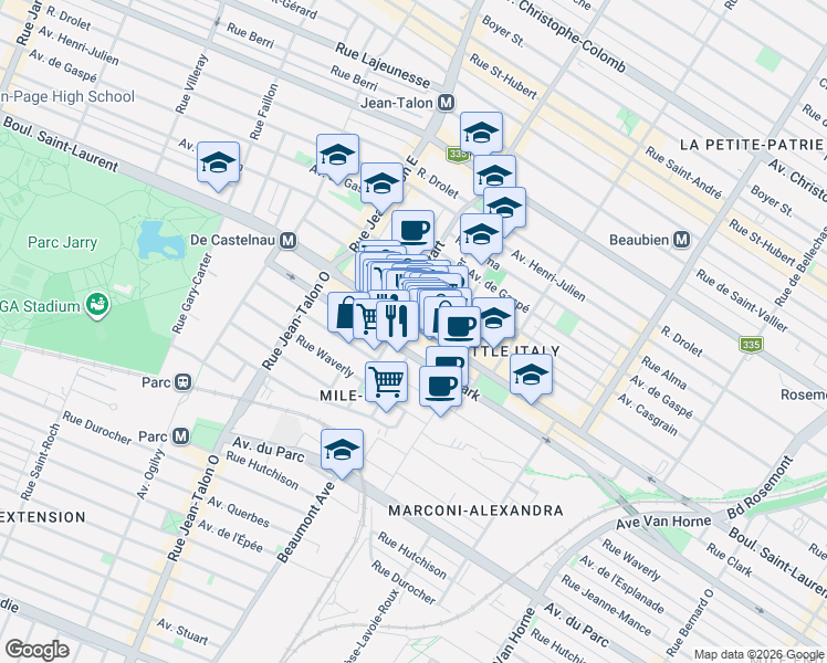 map of restaurants, bars, coffee shops, grocery stores, and more near 6876 Boulevard Saint-Laurent in Montréal