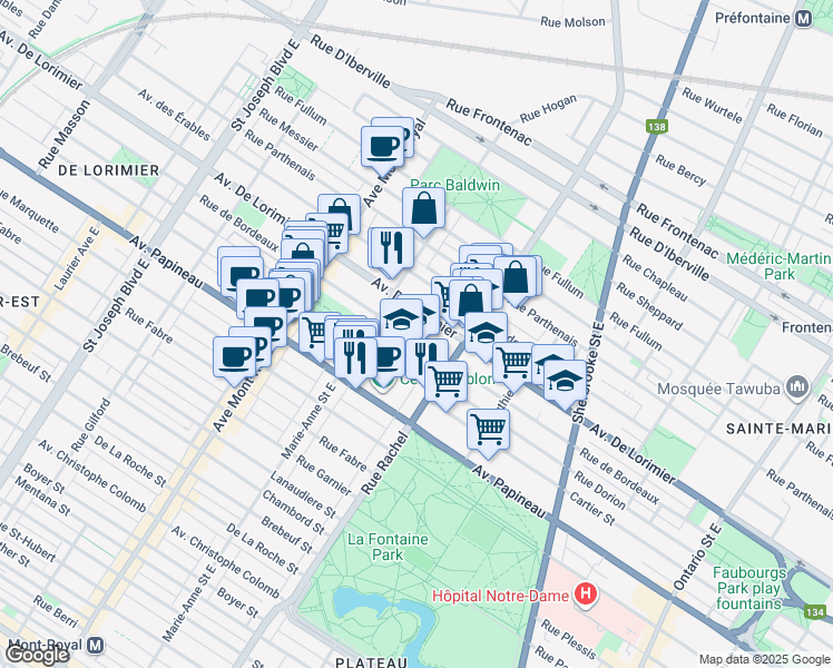 map of restaurants, bars, coffee shops, grocery stores, and more near 4285 Rue de Bordeaux in Montréal