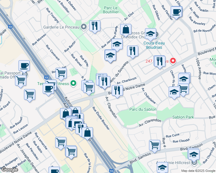 map of restaurants, bars, coffee shops, grocery stores, and more near 5250 Chemin du Souvenir in Laval