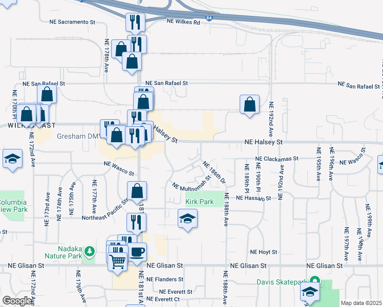 map of restaurants, bars, coffee shops, grocery stores, and more near 18325 Northeast Wasco Street in Portland