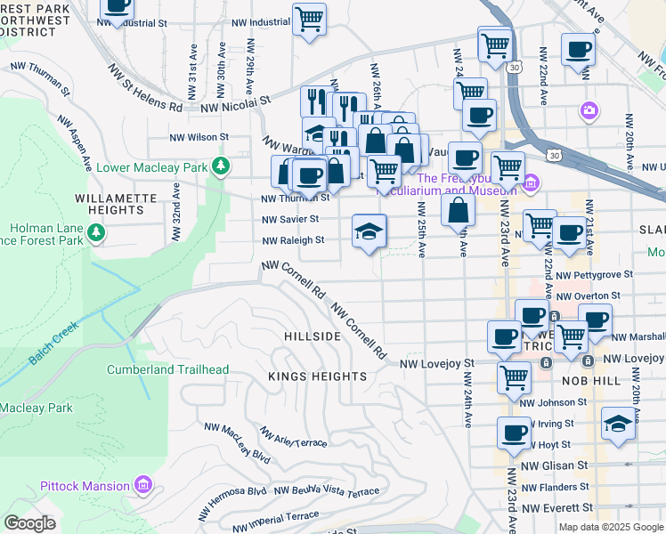 map of restaurants, bars, coffee shops, grocery stores, and more near 2730 Northwest Pettygrove Street in Portland