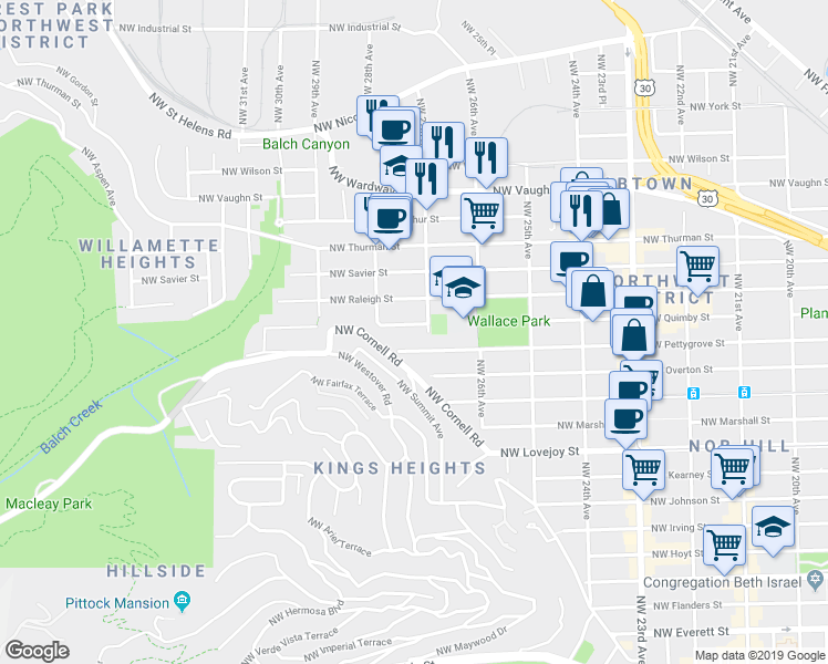 map of restaurants, bars, coffee shops, grocery stores, and more near 2730 Northwest Pettygrove Street in Portland