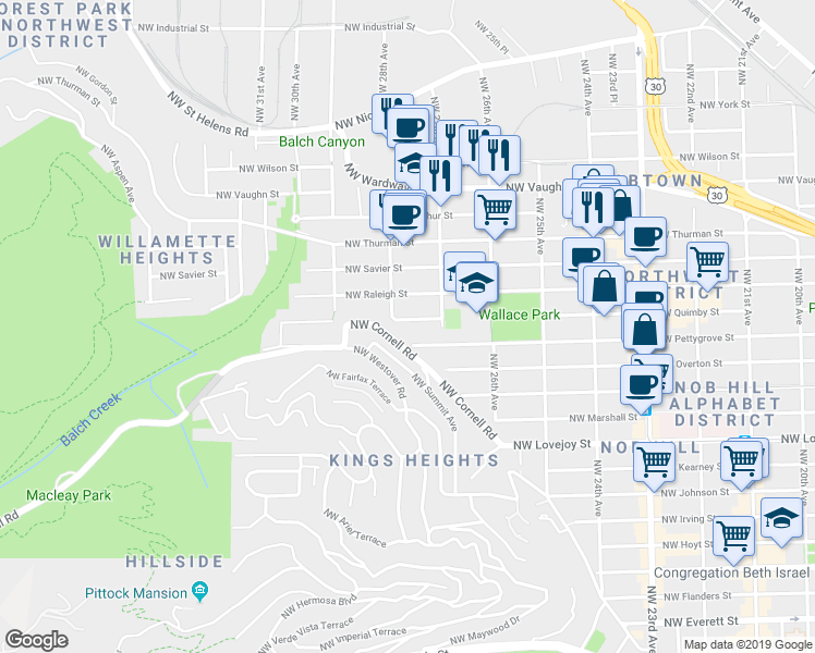 map of restaurants, bars, coffee shops, grocery stores, and more near 2730 Northwest Pettygrove Street in Portland