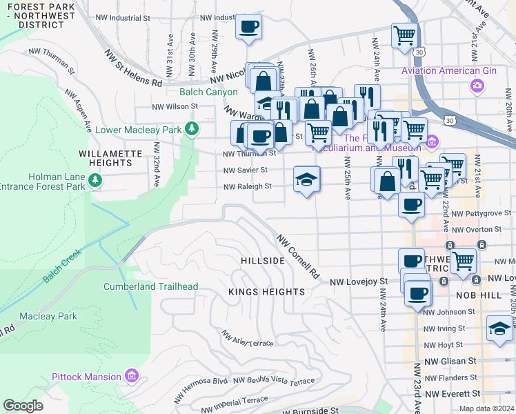 map of restaurants, bars, coffee shops, grocery stores, and more near 1270 Northwest Summit Avenue in Portland