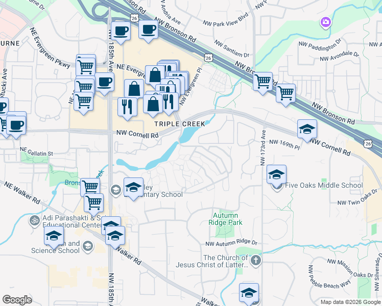 map of restaurants, bars, coffee shops, grocery stores, and more near 1796 Northwest Rolling Hill Drive in Beaverton
