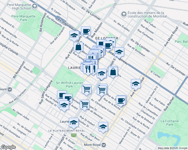map of restaurants, bars, coffee shops, grocery stores, and more near 5062 Rue de Lanaudière in Montréal