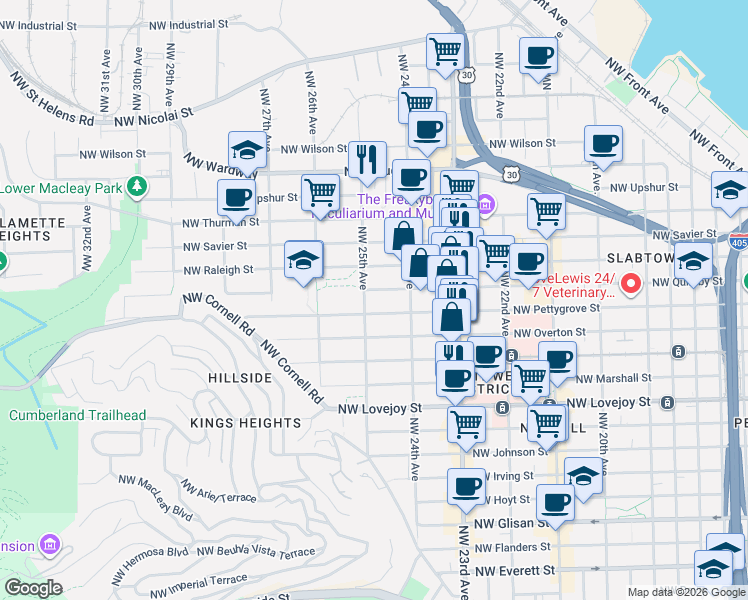 map of restaurants, bars, coffee shops, grocery stores, and more near 2480 Northwest Quimby Street in Portland