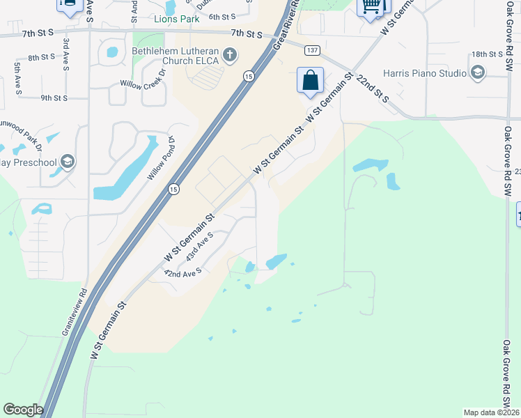 map of restaurants, bars, coffee shops, grocery stores, and more near 2510 41st Avenue South in Saint Cloud