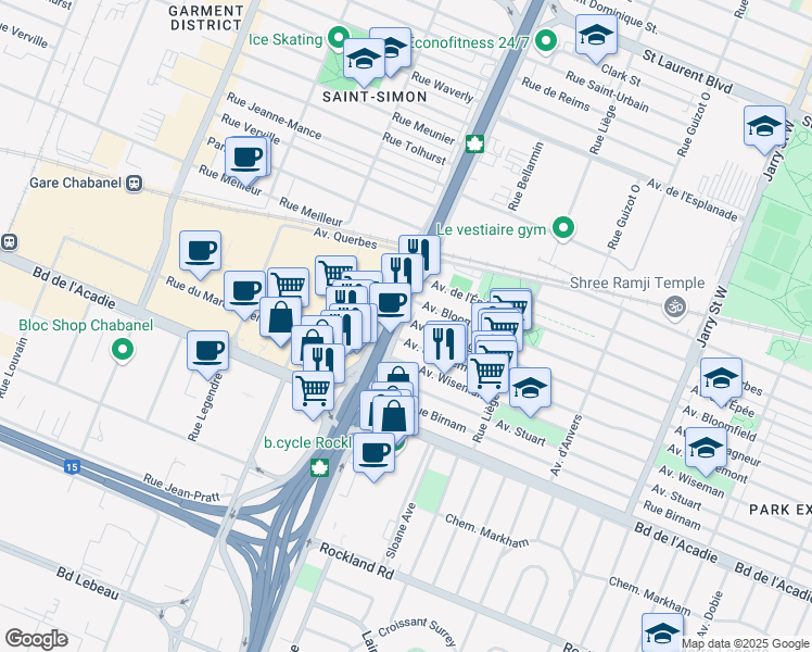 map of restaurants, bars, coffee shops, grocery stores, and more near in Montréal