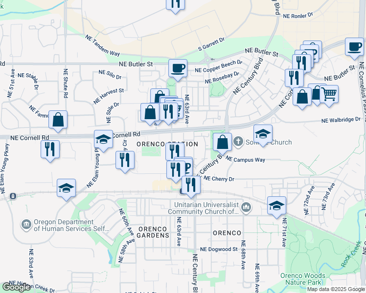 map of restaurants, bars, coffee shops, grocery stores, and more near 6211 Northeast Carillion Drive in Hillsboro