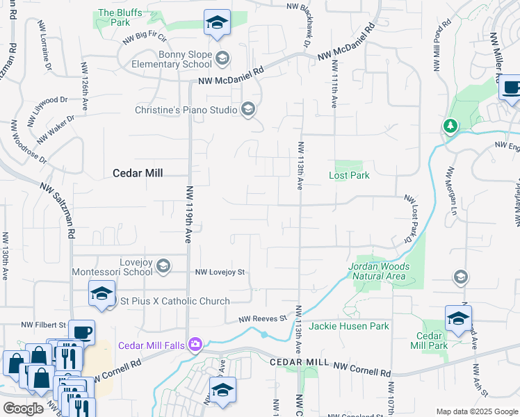 map of restaurants, bars, coffee shops, grocery stores, and more near 11504 Northwest Damascus Street in Portland