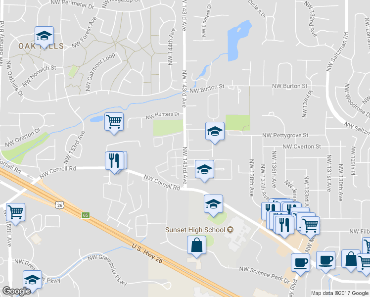 map of restaurants, bars, coffee shops, grocery stores, and more near 1895 Northwest 143rd Avenue in Portland