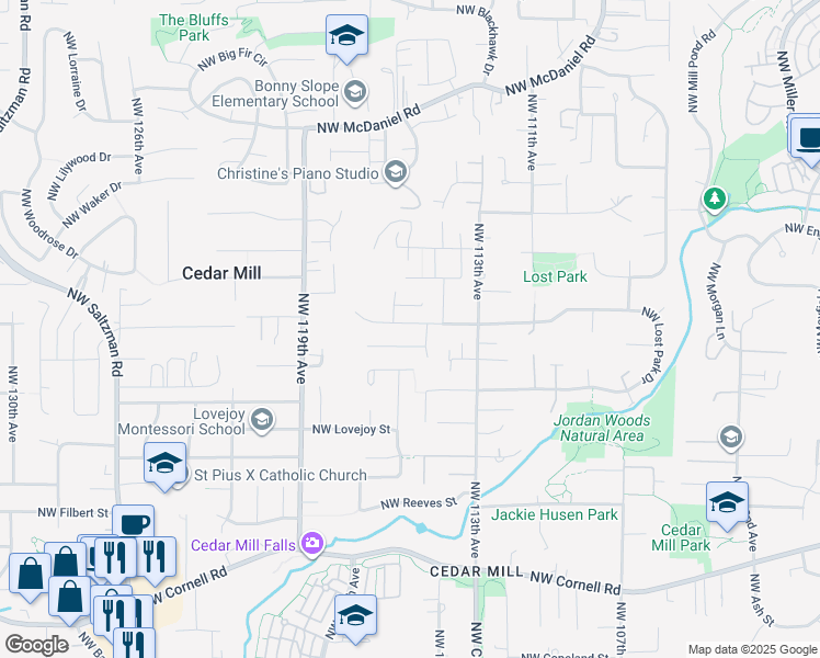 map of restaurants, bars, coffee shops, grocery stores, and more near 11504 Northwest Damascus Street in Portland