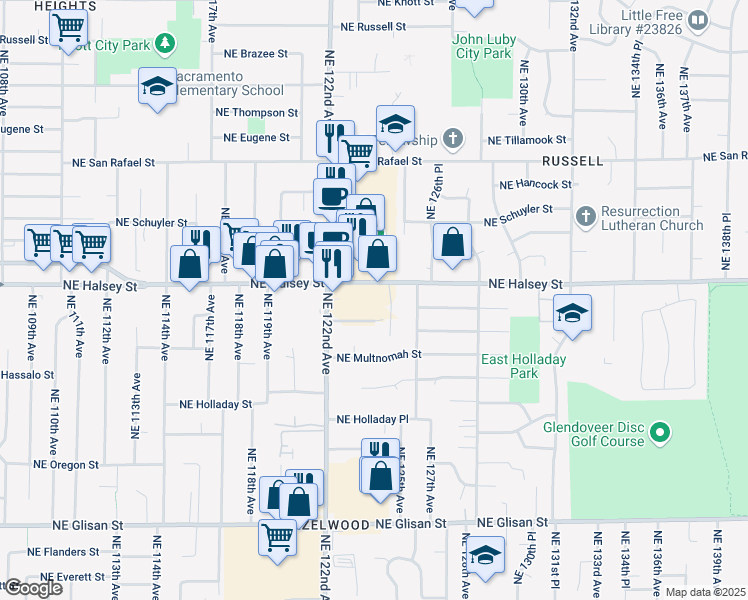 map of restaurants, bars, coffee shops, grocery stores, and more near 12428 Northeast Halsey Street in Portland