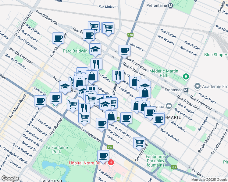 map of restaurants, bars, coffee shops, grocery stores, and more near Rue Sherbrooke Est & Rue Messier in Montréal