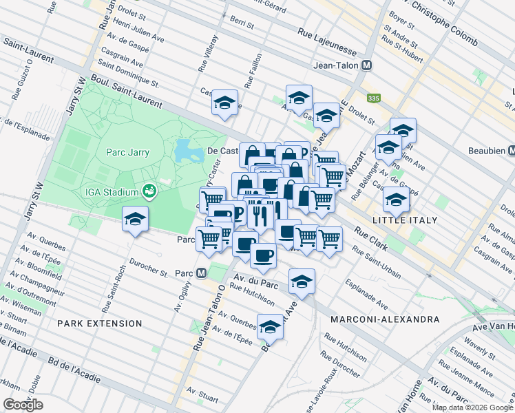 map of restaurants, bars, coffee shops, grocery stores, and more near in Montreal