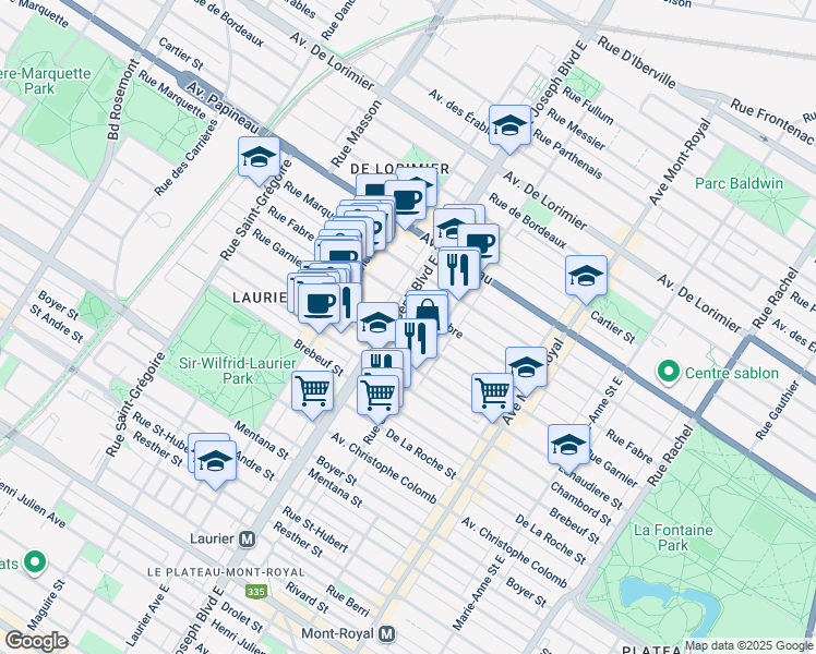 map of restaurants, bars, coffee shops, grocery stores, and more near 4859 Rue Garnier in Montréal