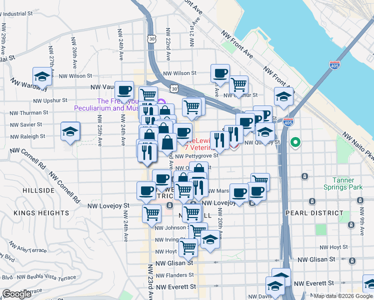 map of restaurants, bars, coffee shops, grocery stores, and more near 2112 Northwest Quimby Street in Portland