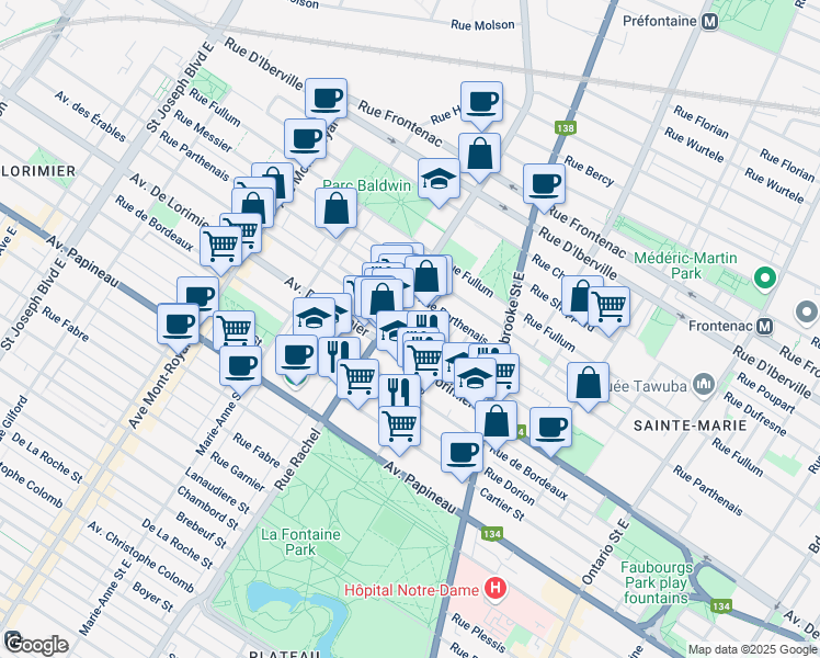 map of restaurants, bars, coffee shops, grocery stores, and more near 4141 Avenue des Érables in Montréal