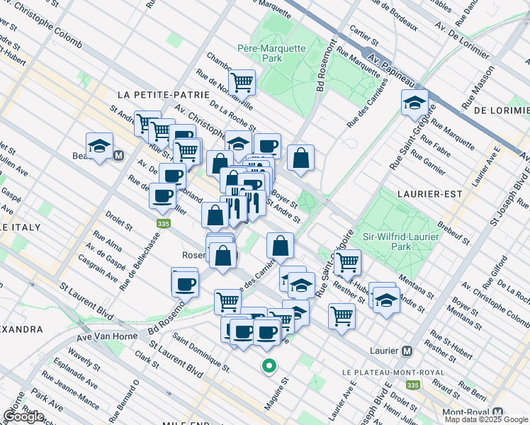 map of restaurants, bars, coffee shops, grocery stores, and more near 5735 Rue Saint-Hubert in Montréal