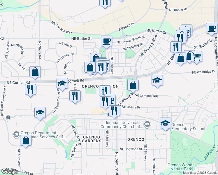 map of restaurants, bars, coffee shops, grocery stores, and more near 6299 Northeast Carillion Drive in Hillsboro