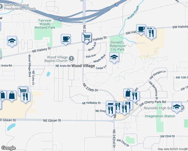 map of restaurants, bars, coffee shops, grocery stores, and more near 23938 Poplar Court in Wood Village