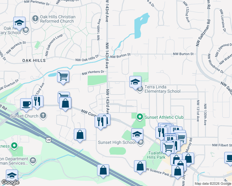 map of restaurants, bars, coffee shops, grocery stores, and more near 1908 Northwest 143rd Avenue in Portland