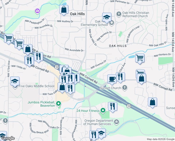 map of restaurants, bars, coffee shops, grocery stores, and more near 15784 Northwest Overton Drive in Beaverton