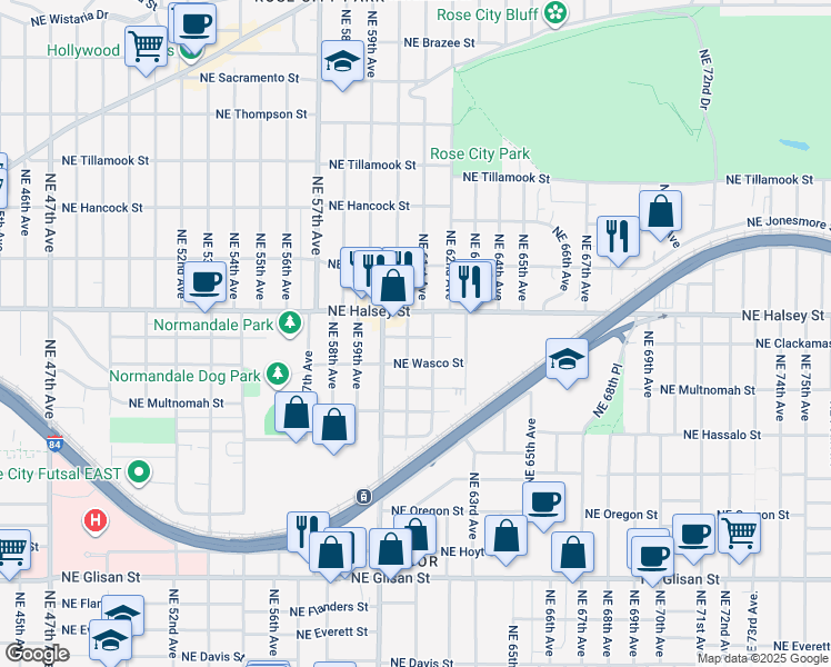 map of restaurants, bars, coffee shops, grocery stores, and more near 6115 Northeast Clackamas Street in Portland