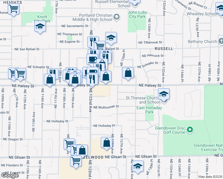 map of restaurants, bars, coffee shops, grocery stores, and more near 12428 Northeast Halsey Street in Portland