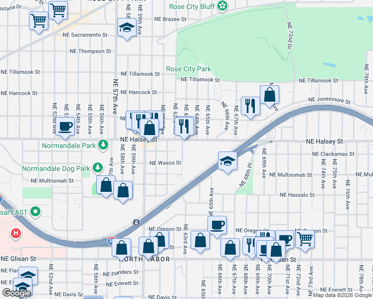 map of restaurants, bars, coffee shops, grocery stores, and more near 6322 Northeast Halsey Street in Portland