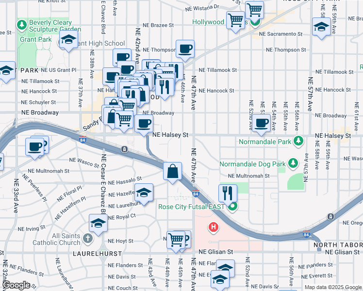 map of restaurants, bars, coffee shops, grocery stores, and more near 1332 Northeast 46th Avenue in Portland