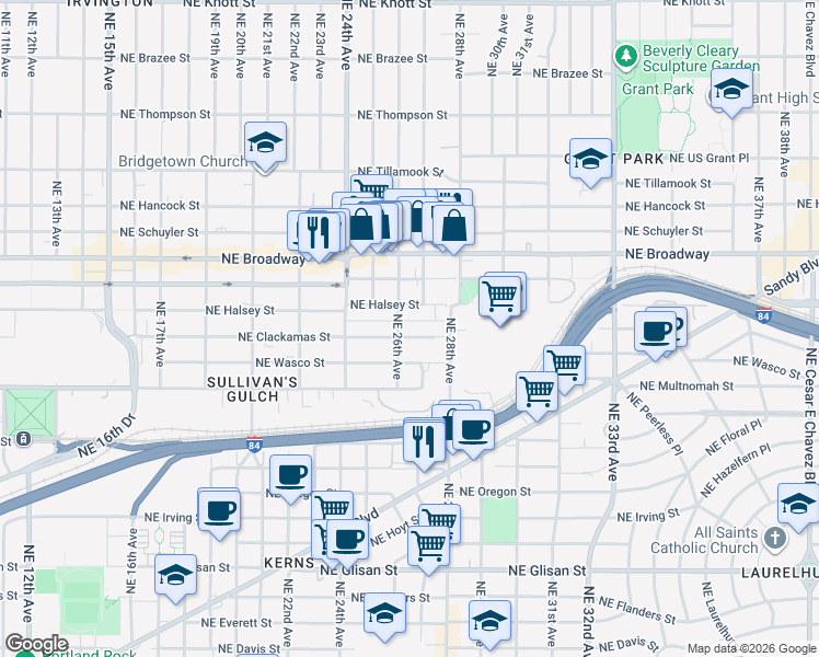 map of restaurants, bars, coffee shops, grocery stores, and more near 2633 Northeast Wasco Street in Portland