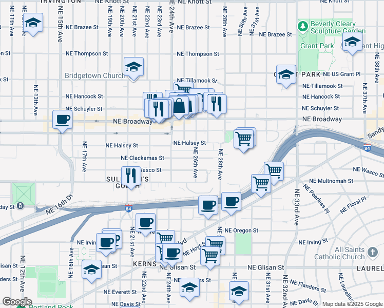 map of restaurants, bars, coffee shops, grocery stores, and more near 2507 Northeast Wasco Street in Portland
