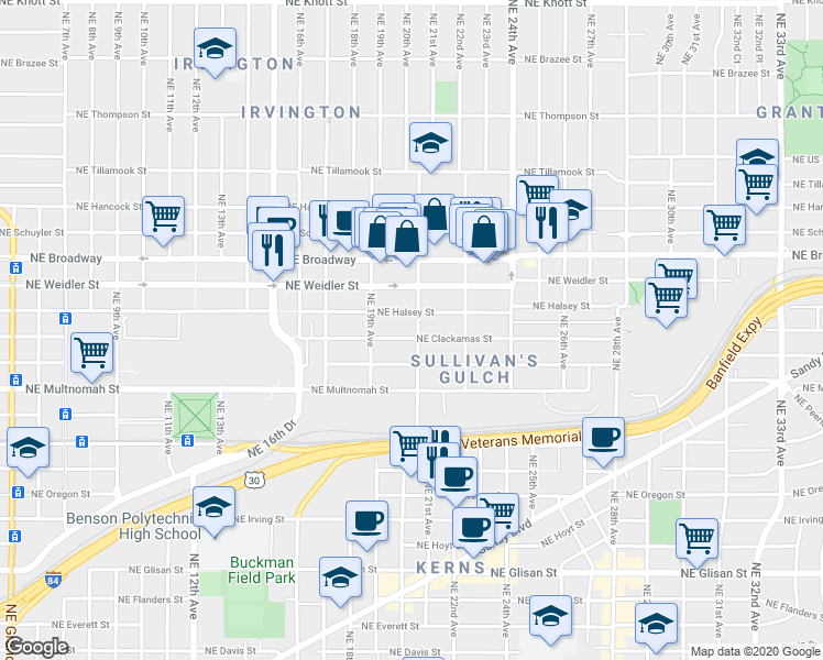 map of restaurants, bars, coffee shops, grocery stores, and more near 2103-2105 Northeast Wasco Street in Portland