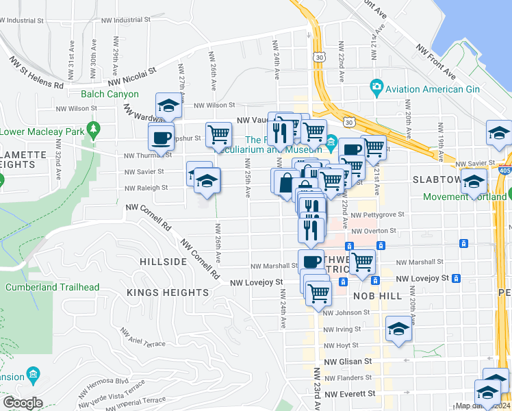 map of restaurants, bars, coffee shops, grocery stores, and more near 1331 Northwest 25th Avenue in Portland