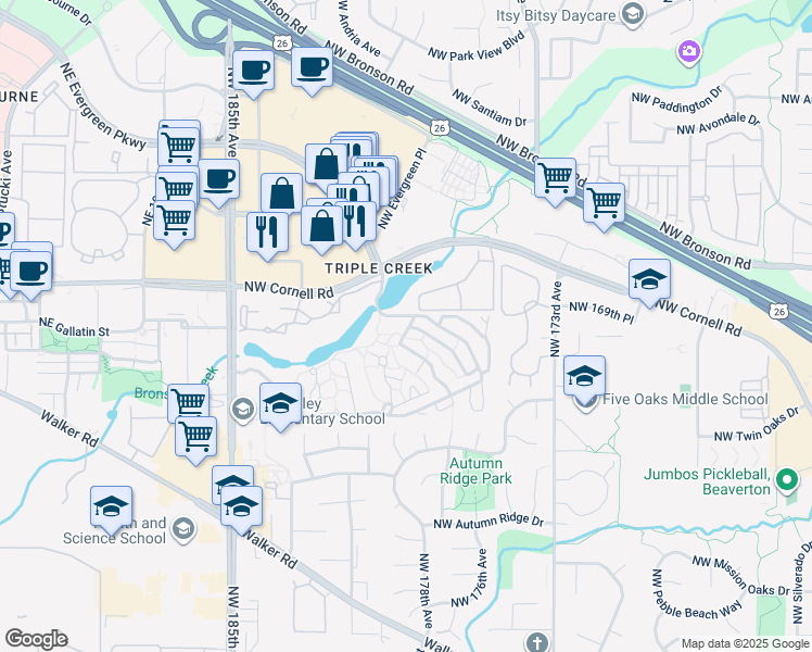 map of restaurants, bars, coffee shops, grocery stores, and more near 1796 Northwest Rolling Hill Drive in Beaverton